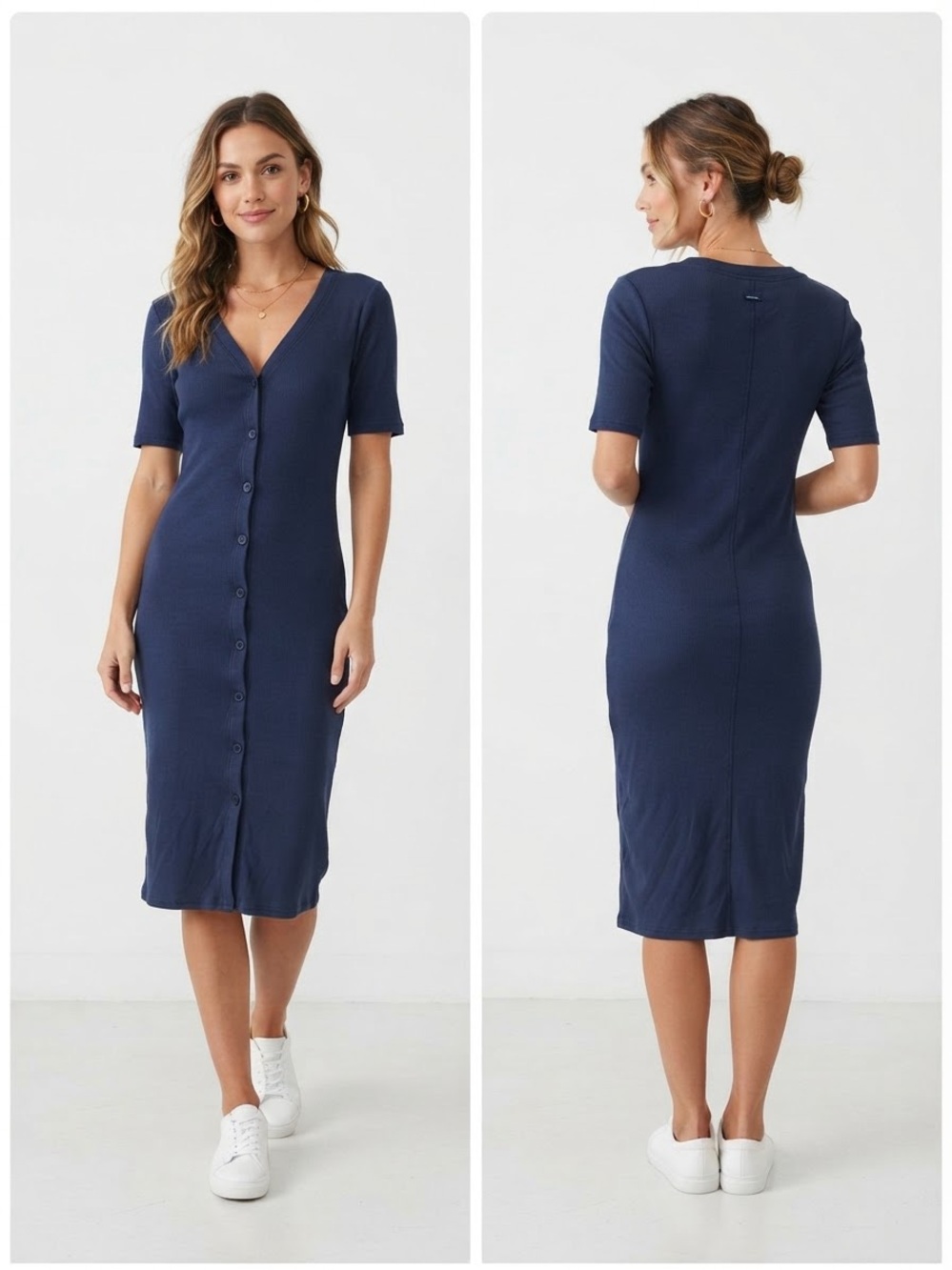 Travis Matthew Ribbed Midi Dress S Button Front Bodycon Casual Dress. Large